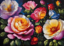 Róże, Kolorowe, Kwiaty, Grafika