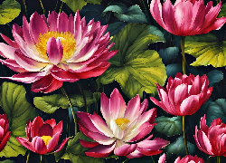 Lilie wodne, Różowe, Kwiaty, Liście, Grafika