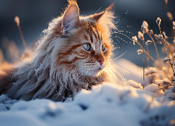 Kot, Śnieg, Zima, Rośliny