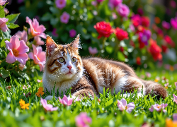 Leżący, Rudo-biały, Kot, Trawa, Kwiaty