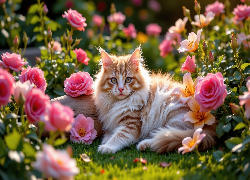 Leżący, Rudo-biały, Puszysty, Kot, Trawa, Kwiaty, Róże, Lilie