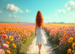 Rudowłosa, Kobieta, Kwiaty, Łąka, Lato