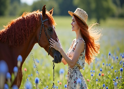 Rudowłosa, Kobieta, Kapelusz, Koń