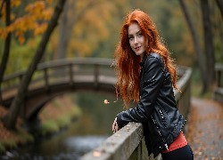 Kobieta, Rude, Włosy, Skórzana, Kurtka