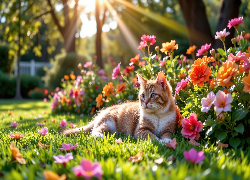 Leżący, Kot, Ogród, Kolorowe, Kwiaty, Trawa, Promienie słońca