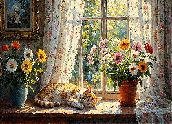 Rudy, Śpiący, Kot, Parapet, Okno, Kwiaty, Doniczka, Wazon