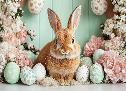 Wielkanoc, Rudy, Królik, Pisanki, Kwiaty