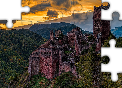 Ruiny, Zamek, Castle Saint-Ulrich, Lasy, Góry, Zachód słońca, Chmury, Ribeauville, Francja