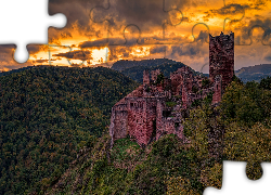Ruiny, Zamek, Castle Saint-Ulrich, Góry, Lasy, Zachód słońca, Chmury, Ribeauville, Francja