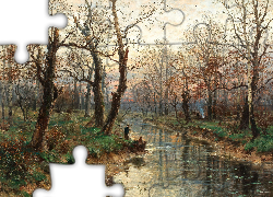 Reprodukcja obrazu, Hugo Darnaut, Rzeka, Jesień, Drzewa, Wędkarz