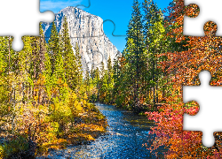 Stany Zjednoczone, Kalifornia, Park Narodowy Yosemite, Jesień, Rzeka Merced, Drzewa, Góry