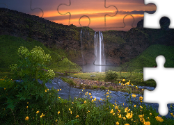 Wodospad Seljalandsfoss, Skały, Rzeka Seljalandsa, Niebo, Żółte, Kwiaty, Islandia