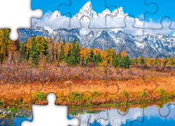 Jesień, Park Narodowy Grand Teton, Rzeka, Góry Teton Range, Drzewa, Stan Wyoming, Stany Zjednoczone