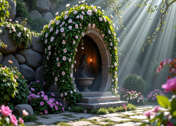 Budowla, Figura, Rzeźba, Postać, Kobiety, Rośliny, Kwiaty, Przebijające światło