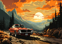 Samochód, Droga, Góry, Zachód słońca, Grafika 2D