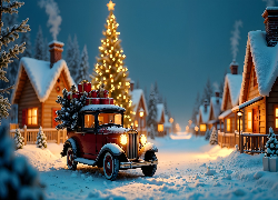 Boże Narodzenie, Domy, Choinka, Samochód, Zima, AI