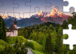 Niemcy, Bawaria, Berchtesgaden, Kościół, Sanktuarium Maria Gern, Góry, Alpy Salzburskie, Lasy, Droga, Drzewa