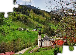 Kościół, Sanktuarium Maria Gern, Góry, Alpy Salzburskie, Lasy, Drzewa, Berchtesgaden, Bawaria, Niemcy