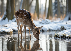 Sarna, Woda, Zima, Las, Grafika AI