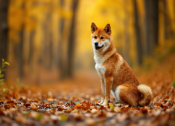 Pożółkłe, Liście, Pies, Shiba inu, Grafika AI