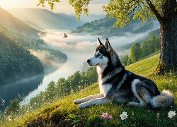 Góry, Wzgórze, Rzeka, Mgła, Drzewo, Polana, Pies, Siberian husky