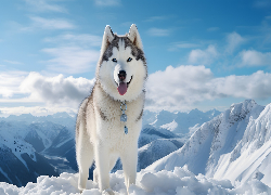 Zima, Ośnieżone, Góry, Pies, Siberian husky, Jęzor