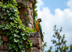 Mur, Siedząca, Papuga, Ara, Rośliny, Pnące