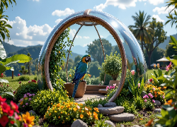 Ogród, Szklana, Kopuła, Siedząca, Papuga, Ara, Donica, Kwiaty, Kamienie