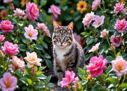Kot, Bury, Siedzący, Kwiaty, Różowe, AI
