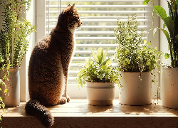 Kot, Okno, Parapet, Rośliny