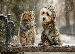 Pies, Kot, Ubranka, Ławka, Zima, Grafika AI