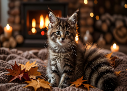 Kot, Legowisko, Liście, Grafika AI