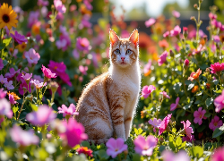 Rudo-biały, Kot, Kolorowe, Kwiaty