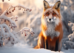 Zima, Siedzący, Lis, Śnieg, Ośnieżone, Gałązki
