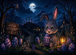 Wielkanoc, Zajączek, Jajka, Ciemna, Noc, Pisanki, Księżyc, Kościół, Krzyże, Lampion