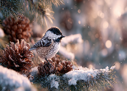 Sikorka czarnogłówka, Szyszki, Sosna, Zima, Grafika AI