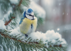 Sikorka, Modraszka, Gałązki, Śnieg, Grafika AI