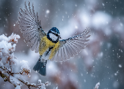 Sikora modraszka, Skrzydła, Gałązka, Zima, Grafika AI