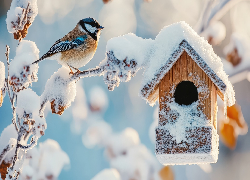 Zima, Ptak, Sikorka, Ośnieżona, Gałązka, Karmnik