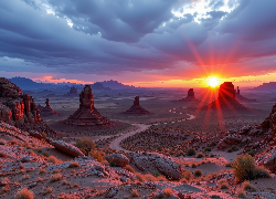 Stany Zjednoczone, Arizona, Zachód słońca, Skały, Rośliny, Góry, Kręta, Droga, Monument Valley, AI