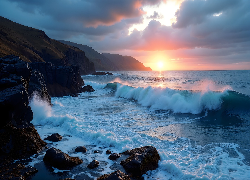 Morze, Fale, Zachód słońca, Skały, Klify, AI