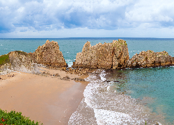 Arnia Beach, Plaża, Skały, Morze, Kantabria, Hiszpania