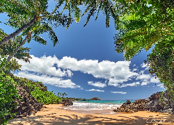 Hawaje, Wyspa Maui, Morze, Chmury, Plaża Makena, Palmy, Skały