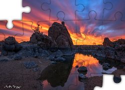 Zachód słońca, Jezioro, Watson Lake, Skały, Odbicie, Prescott, Arizona, Stany Zjednoczone