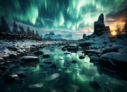 Rzeka, Skały, Zima, Zorza polarna, Zachód słońca, Odbicie