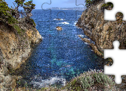 Morze, Skały, Zatoka, Drzewa, Rezerwat Point Lobos, Carmel by the Sea, Kalifornia, Stany Zjednoczone