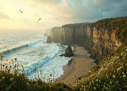 Morze, Wybrzeże, Skały, Klify, Plaża, Ptaki, AI