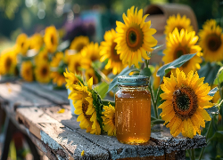 Słoik, Miód, Słoneczniki ozdobne, Ławka