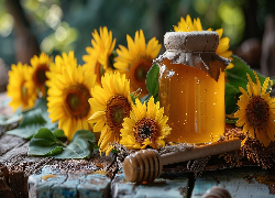 Miód, Słoik, Nabierak, Słoneczniki ozdobne, Stare, Deski