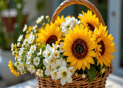Kwiaty, Słoneczniki, Bukiet, Koszyk